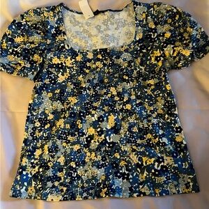 Ann Taylor Floral Blue and Yellow Top